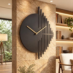 Può includere: Un grande orologio da parete circolare nero con finitura opaca e lancette color oro. Il lato destro dell'orologio è esteso con una serie di listelli verticali neri di lunghezze variabili, creando un design geometrico e asimmetrico.