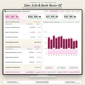 Könnte beinhalten: Ein digitales Finanz-Dashboard mit dem Titel Salon Suite & Booth Renter OS auf einem Bildschirm. Es enthält Abschnitte für den Nettoverdienst, den Bruttoumsatz, Steuerrücklagen und absetzbare Ausgaben sowie ein Balkendiagramm zum monatlichen Gewinn.