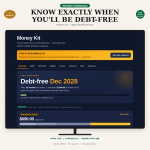 May include: A digital debt payoff planner interface displayed on a monitor, featuring a dark blue background with yellow accents. The screen shows a Money Kit dashboard with tabs for debts, budget, and savings, including text like Debt-free Dec 2028.
