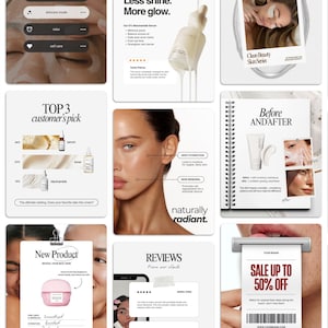 May include: A collection of social media templates for skincare products featuring various layouts with text, product photography, and graphic elements. The designs include headings like Top 3 Customer's Pick, Before and After, and Sale Up to 50% Off.