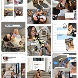 Könnte beinhalten: Eine digitale Collage aus mehreren Screenshots von Social-Media-Oberflächen mit Lifestyle-Fotografien, Terminkalendern und App-Overlays. Die Komposition enthält verschiedene Bilder von Personen, Speisen, Reisen und Textelementen wie day in my life.
