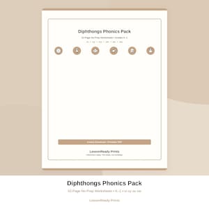 May include: A 32-page Diphthongs Phonics Pack educational worksheet set for grades K-1. The document features the text Diphthongs Phonics Pack, 32-Page No-Prep Worksheets, Grades K-1, oi oy ou ow au aw, Instant Download + Printable PDF, and LessonReady Prints.