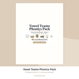 Puede incluir: Un paquete educativo de 32 páginas sobre equipos de vocales para los grados K-1. La portada muestra el texto Vowel Teams Phonics Pack, LessonReady Prints e iconos de una nube, plato, árbol, barco, bombilla y copo de nieve con combinaciones vocálicas.