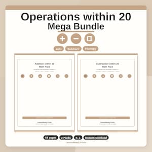 Puede incluir: Recurso educativo Operations within 20 Mega Bundle que incluye dos paquetes de matemáticas para suma y resta. Contiene 64 páginas de hojas de trabajo imprimibles para los grados K-1, enfocadas en la fluidez matemática con iconos de suma y resta.