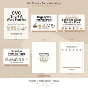May include: A K-1 Phonics Curriculum Mega set featuring 384 pages and 12 packs including CVC Short A Word Families, Digraphs, Beginning Blends, Silent e, Vowel Teams, and Diphthongs Phonics Packs with educational illustrations and text.