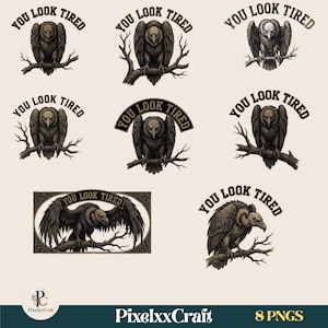 Può includere: Una collezione di otto illustrazioni digitali raffiguranti avvoltoi marrone scuro appollaiati su rami. Ogni design include il testo YOU LOOK TIRED in un carattere grassetto e arcuato. Gli avvoltoi sono raffigurati in varie pose, alcuni con le ali spiegate e altri appollaiati, il tutto reso in uno stile dettagliato e abbozzato su uno sfondo chiaro.
