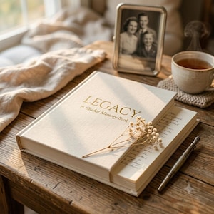 Puede incluir: Un libro de tapa dura color crema titulado LEGACY A Guided Memory Book con letras doradas. Una pequeña rama de flores secas descansa sobre la cubierta. Junto al libro hay una pluma estilográfica, una nota escrita a mano y una foto familiar.
