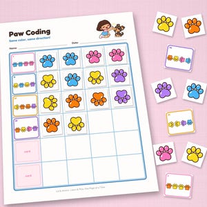May include: A Paw Coding educational worksheet featuring a grid with colorful paw print icons in blue, yellow, orange, pink, and purple. The page includes a Name and Date field, a cartoon illustration of a child and puppy, and cut-out squares.