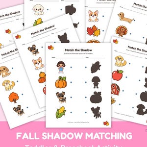 Könnte beinhalten: Eine Sammlung von ausdruckbaren Lernarbeitsblättern mit dem Titel Match the Shadow, die bunte Illustrationen von herbstlichen Motiven wie Kürbissen, Mais, Truthähnen und Welpen neben den passenden schwarzen Silhouetten zum Zuordnen zeigen.