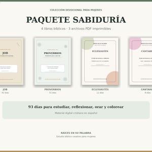 Könnte beinhalten: Eine digitale Andachtssammlung mit dem Titel PAQUETE SABIDURÍA, bestehend aus vier Buchcovern mit den Titeln JOB, PROVERBIOS, ECLESIASTÉS und CANTARES. Das Set enthält 4 biblische Bücher und 3 druckbare PDF-Dateien für insgesamt 93 Tage zum Lernen.