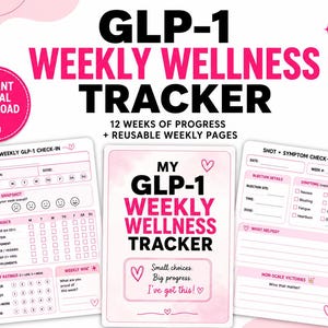 Puede incluir: Un conjunto de rastreador de bienestar semanal GLP-1 con un esquema de color rosa y blanco. Las páginas incluyen secciones para registros semanales, seguimiento de inyecciones y síntomas, conceptos básicos diarios y victorias no relacionadas con la báscula.