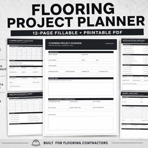 Peut inclure: Un planificateur de projet de revêtement de sol PDF de 12 pages remplissable et imprimable pour les entrepreneurs. Le document présente des formulaires en noir et blanc incluant un aperçu du projet, un calculateur de quantité et une facture.