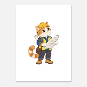 Puede incluir: Un gato atigrado naranja de dibujos animados vestido como trabajador de la construcción, con casco amarillo, camisa azul, chaleco de seguridad amarillo de alta visibilidad, pantalones cargo gris oscuro y botas de trabajo marrones, sosteniendo un plano.