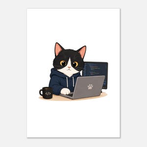 May include: A black and white cat wearing a navy blue hoodie, typing on a silver laptop with a paw print logo. Next to the laptop is a black mug with white code brackets, and a computer monitor displaying lines of programming code.