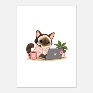 May include: A Siamese cat wearing a light pink hoodie and black headset, sitting at a grey laptop with a paw print logo. Next to the laptop is a pink mug with the text YOU GOT THIS! and a small heart, plus a green potted plant with a pink sticky note.