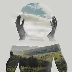 May include: A double exposure digital artwork featuring a silhouette of a torso filled with a landscape of green hills and trees, topped with two hands holding a circular sphere containing a view of a blue sky with white clouds.