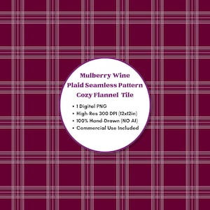 May include: A mulberry wine plaid seamless pattern with thin white and light grey intersecting lines. A circular white overlay contains the text: Mulberry Wine Plaid Seamless Pattern Cozy Flannel Tile, 1 Digital PNG, High-Res 300 DPI (30.48x30.48cm).