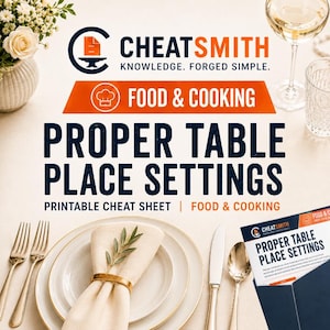 Puede incluir: Una hoja de trucos imprimible titulada CHEATSMITH KNOWLEDGE. FORGED SIMPLE. FOOD & COOKING PROPER TABLE PLACE SETTINGS. El documento muestra una servilleta blanca con un anillo dorado y una rama de olivo, cubiertos y una copa de vino.