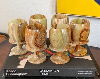 Vintage Hand-Carved Onyx Wine Goblets | Stone Pedestal Glasses | Set of 6 | Mid Century Barware