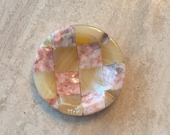 Vintage Mexican Onyx Ashtray | Small Pink & Beige Checkered Stone Trinket/Ring Dish