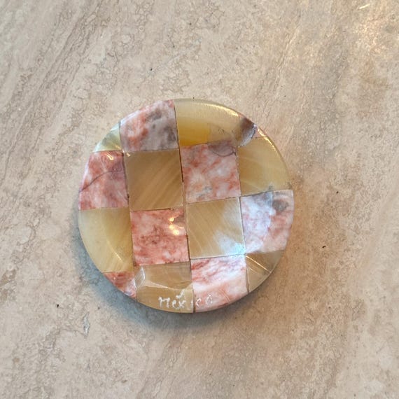 Vintage Mexican Onyx Ashtray | Small Pink & Beige Checkered Stone Trinket/Ring Dish