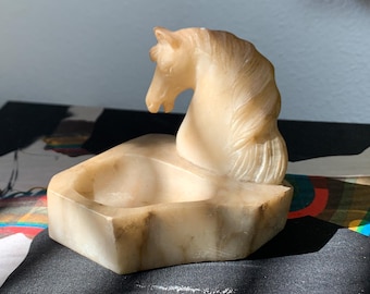 Vintage Italian Alabaster Horse Head Tray | Hand-Carved Volterra Sculpture