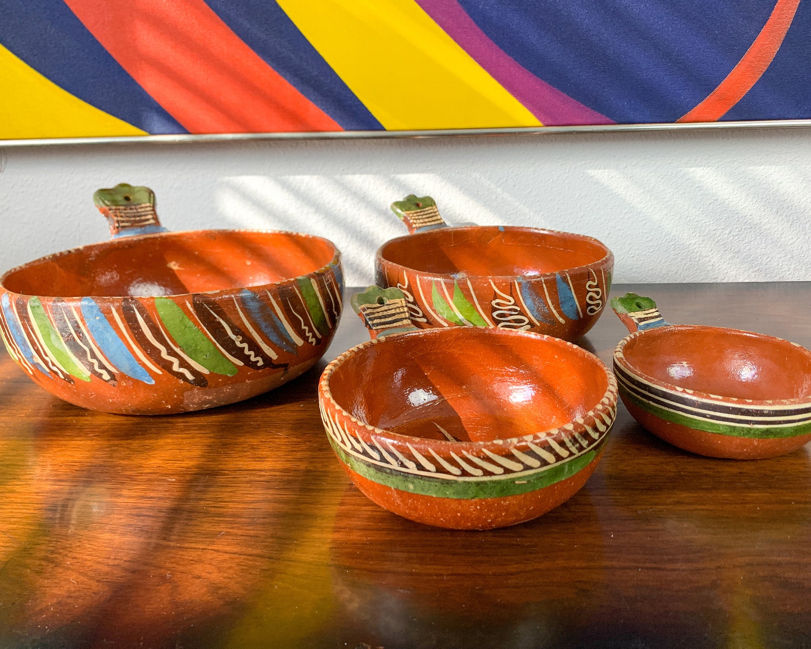 Set of 4 Vintage MEXICAN TERRA COTTA Handled Nesting Bowls Midcentury