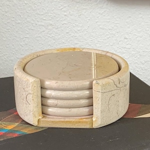 Vintage Italian Marble Coaster Set with Caddy: 70s Postmodern Decor