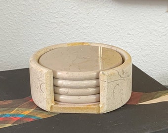 Vintage Onyx Coasters - Set of 4 Coasters with Caddy | 1970s Postmodern Drinkware/Decor