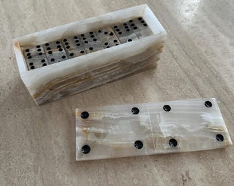 Mexican Onyx Domino Set | Hand-Carved Stone Dominoes in Lidded Box | Game Set or Decor