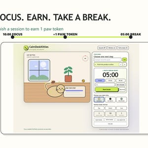 Three-step focus, paw-token, and five-minute break timeline above the real timer in a completed-session Gentle Break Ready state.