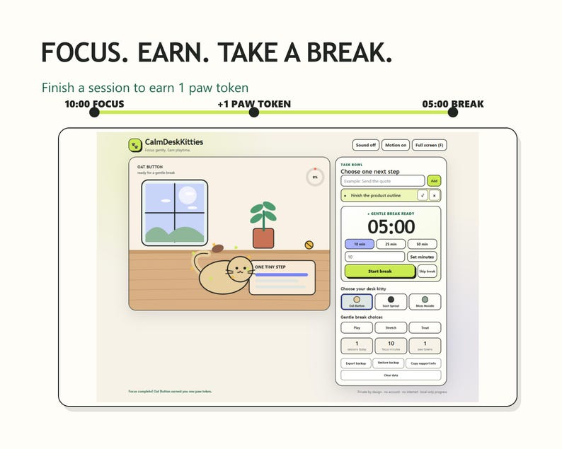 Three-step focus, paw-token, and five-minute break timeline above the real timer in a completed-session Gentle Break Ready state.