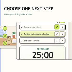 Task Bowl showing three short tasks with separate controls to select a task, mark it complete, undo it, or remove it.