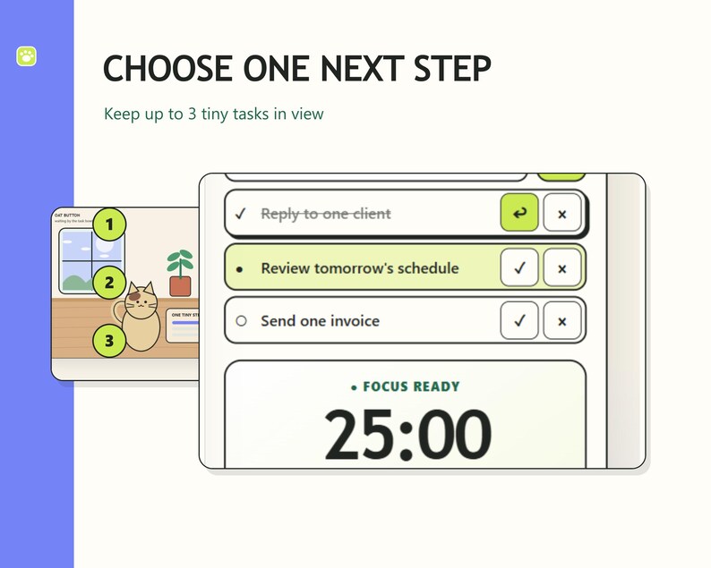 Task Bowl showing three short tasks with separate controls to select a task, mark it complete, undo it, or remove it.