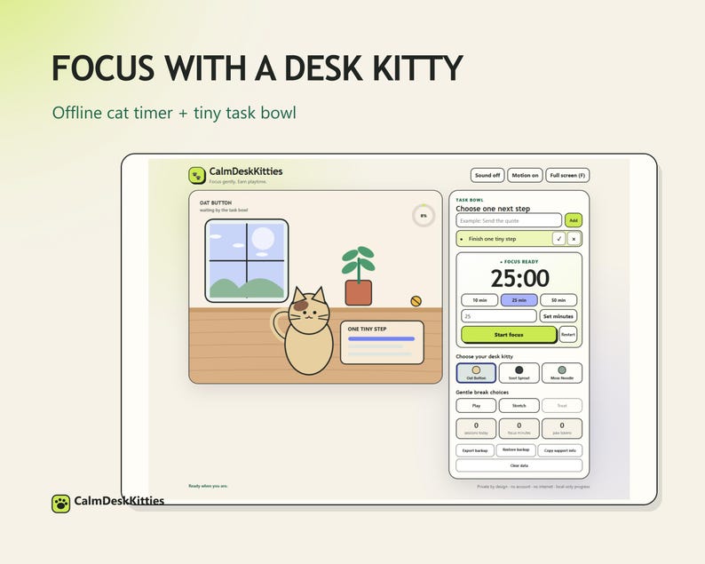 Offline cat focus timer showing Oat Button at an illustrated desk beside one Task Bowl item and a stopped 25-minute Focus Ready panel.