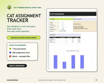 Kalkylblad för uppgiftsspårning | Cat Studentplanerare för Google Sheets | Studieöversikt och nedräkning till tentamen