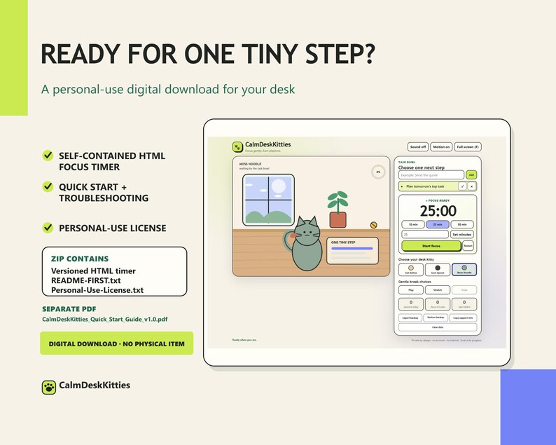 Moss Noodle beside a 25-minute Focus Ready timer and a package summary listing the HTML timer, README, personal-use license, and separate PDF guide.