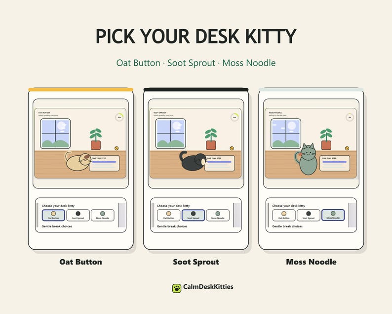 Three illustrated desk kitty choices shown side by side: cream Oat Button, dark gray Soot Sprout, and muted green-gray Moss Noodle.
