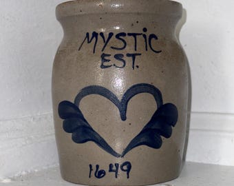 Vintage Salt Glazed Stoneware Crock - Mystic Est. 1649 Blue Winged Heart Pottery Beaumont Brothers Pottery 1995
