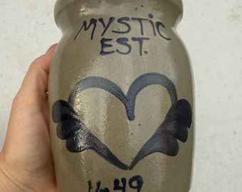 Vintage 1995 Beaumont Brothers Pottery Salt Glazed Stoneware Crock - Mystic Est. 1649 Blue Winged Heart Pottery