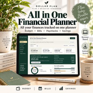 May include: A digital financial planner displayed on a tablet screen, featuring sections for budget, bills, paychecks, and savings. The interface shows income, spending, and cash flow data. The screen displays the text All in One Financial Planner.