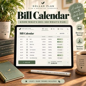 May include: A digital bill calendar displayed on a tablet screen, showing a list of monthly expenses with due dates, amounts, and payment status. The interface includes a navigation bar, an add bill button, and a total unpaid amount of $398.99.