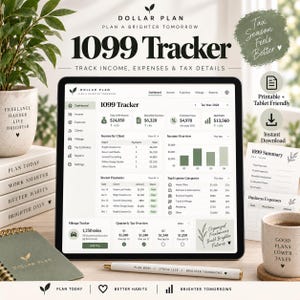 Peut inclure: Une tablette numérique affichant un tableau de bord 1099 Tracker avec des données sur les revenus, les dépenses et les impôts. L'écran présente des graphiques, des listes de paiements clients et un suivi kilométrique. Stylos et tasses inclus.