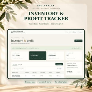 May include: A digital inventory and profit tracker interface titled Dollarplan The Small Business Collection. The screen displays sales revenue, profit, inventory value, units in stock, and a product list with editable data fields.