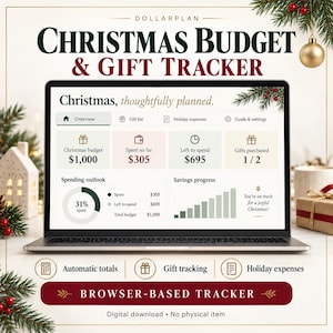 May include: A laptop screen displaying a digital Christmas budget and gift tracker. The interface shows sections for overview, gift list, holiday expenses, and settings, with charts for spending outlook and savings progress, plus text labels.