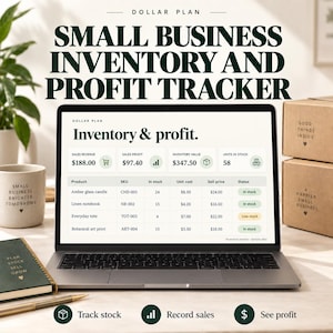 May include: A laptop screen displaying a digital small business inventory and profit tracker spreadsheet. The interface shows sales revenue, profit, inventory value, and stock units. Text includes Dollar Plan, Inventory & profit, and product data.
