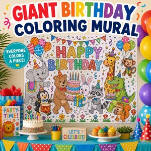 Puede incluir: Un mural gigante para colorear de cumpleaños con el texto "GIANT BIRTHDAY COLORING MURAL" y "HAPPY BIRTHDAY", ilustrado con un elefante, pingüino, oso, conejo, mapache, jirafa, mono, cocodrilo y ardilla junto a artículos de fiesta.