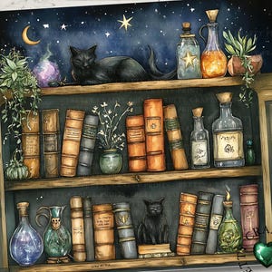 Può includere: Illustrazione ad acquerello di una libreria con libri, bottiglie di pozioni e un gatto nero. Lo sfondo raffigura un cielo stellato con una luna crescente. Gli scaffali sono pieni di libri e oggetti decorativi.