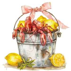 May include: A watercolour illustration depicts a metal bucket filled with cooked red crawfish and yellow lemons. A pink ribbon bow decorates the handle. Two lemons and a sprig of green leaves are at the base of the bucket.