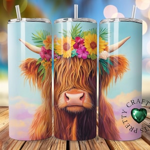 Bright Floral Summer Highland Cow PNG | Hawaii Cow 20 oz. Skinny Tumbler Sublimation Design Digital | Straight Hawaiian Beach Wrap Designs